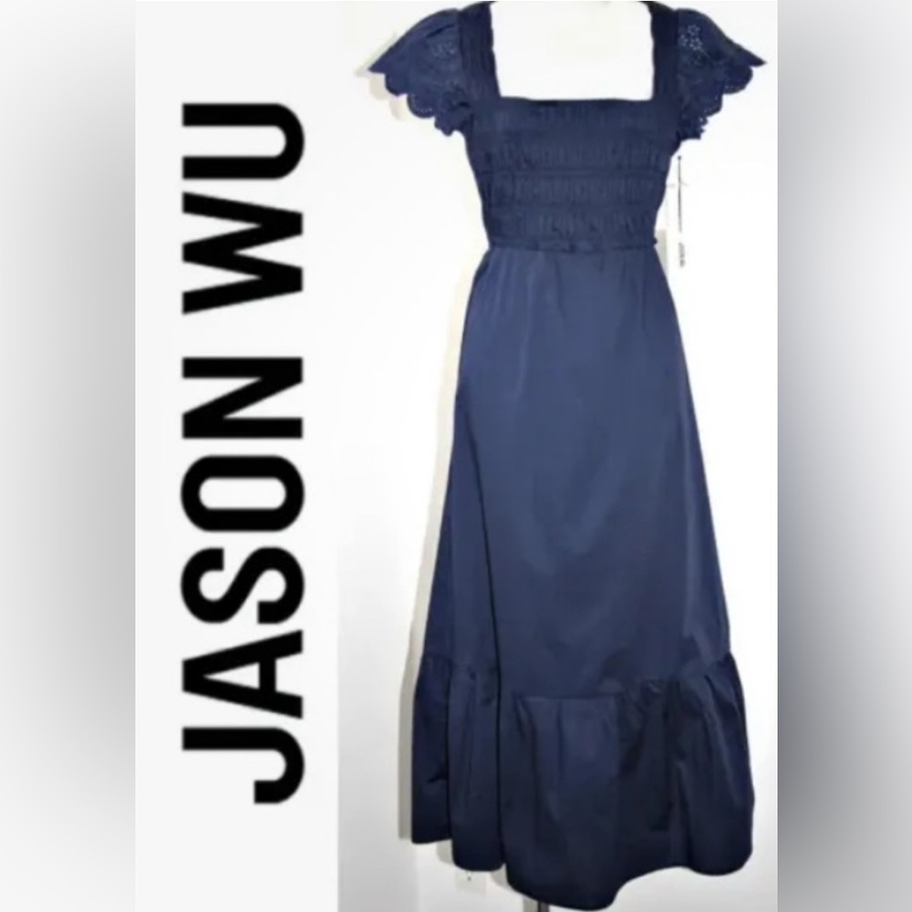 Jason Wu Cut Out Back Eyelet‎ Flutter Sleeves Maxi Dress Navy Size L Rt $385